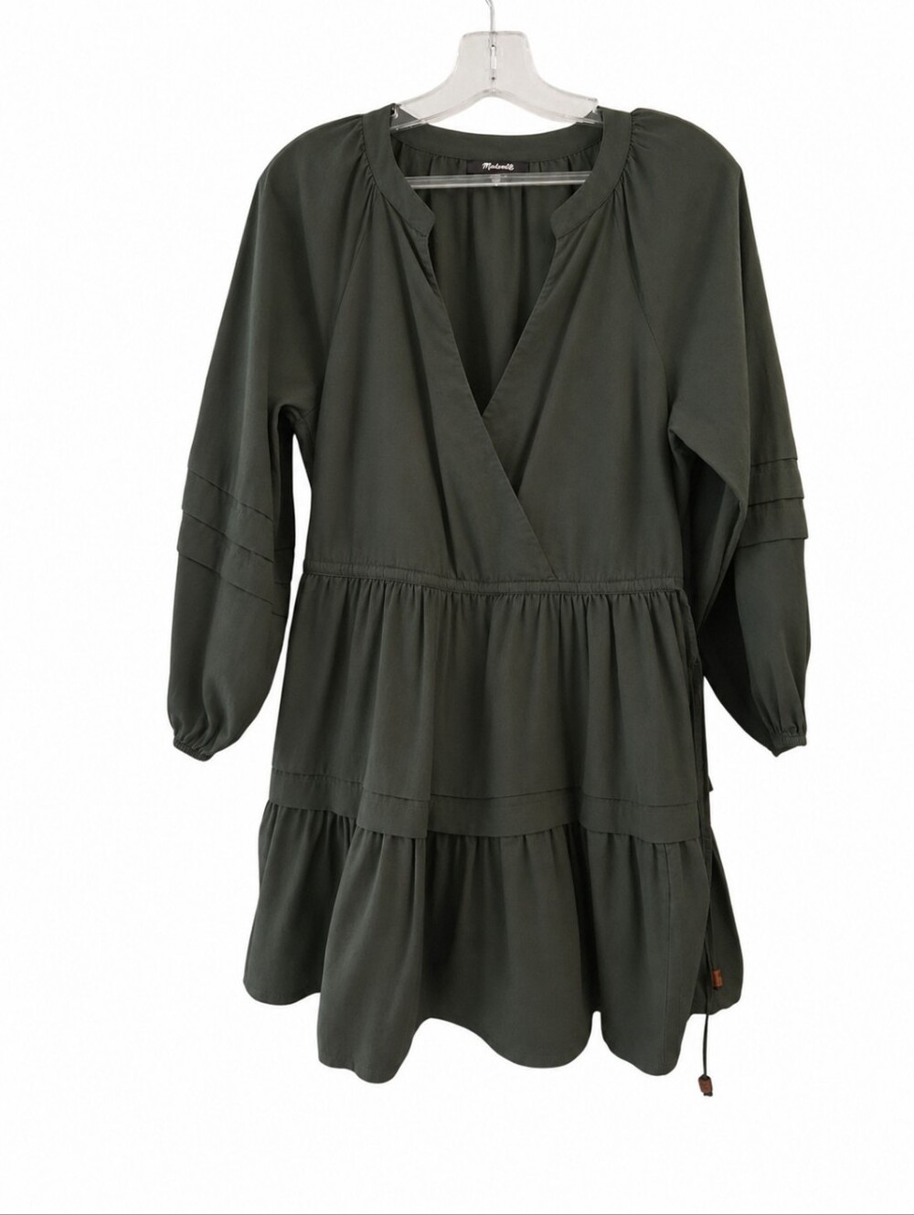 Madewell Olive Green V-Neck Tiered Mini Dress SP Oversized - Picture 3 of 10